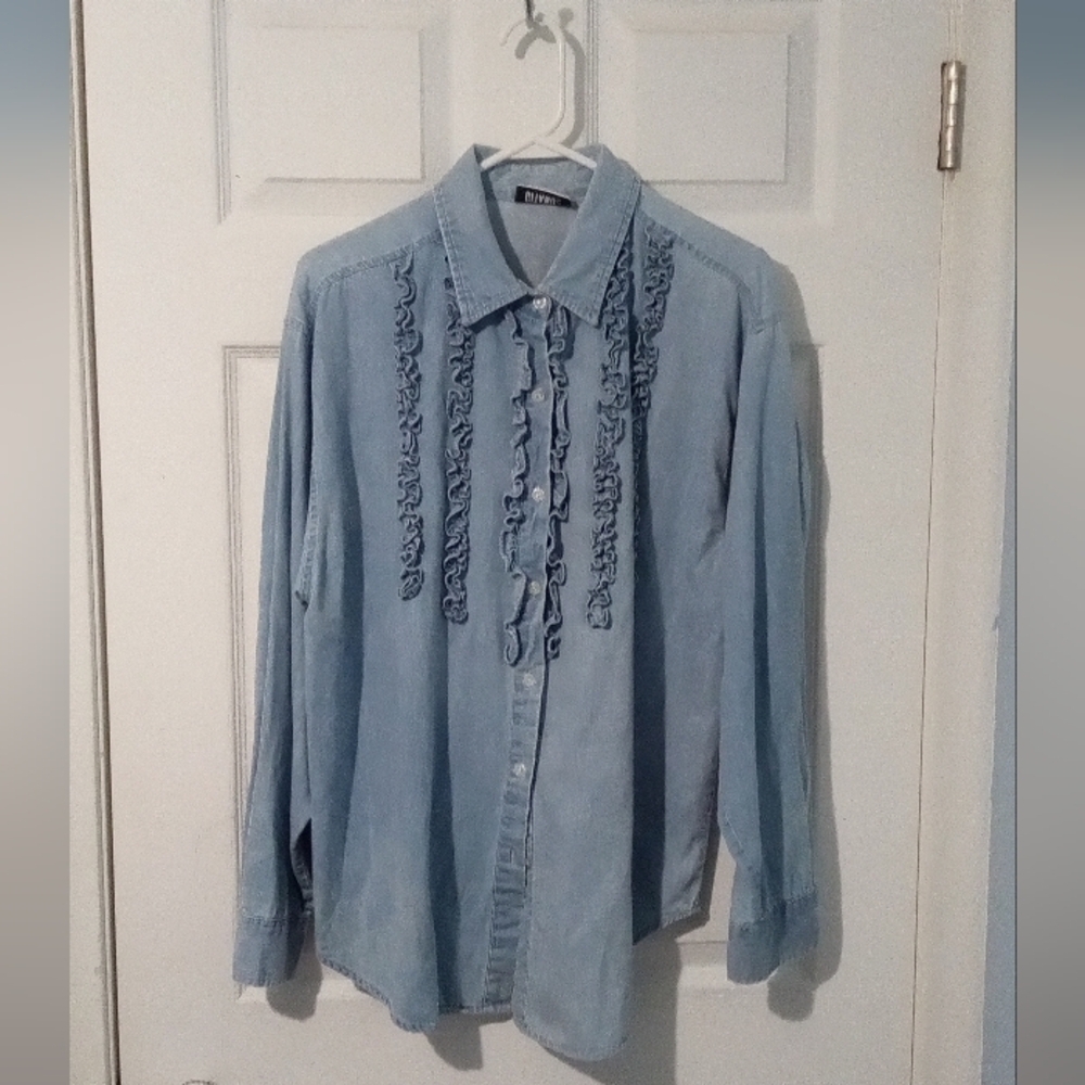 Gitano Blue Button Down Shirt with Ruffle Details